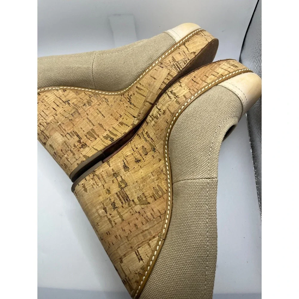 Tory Burch Canvas Leather Wedge Heels Espadrille‎ Cork Platform Shoes 8M